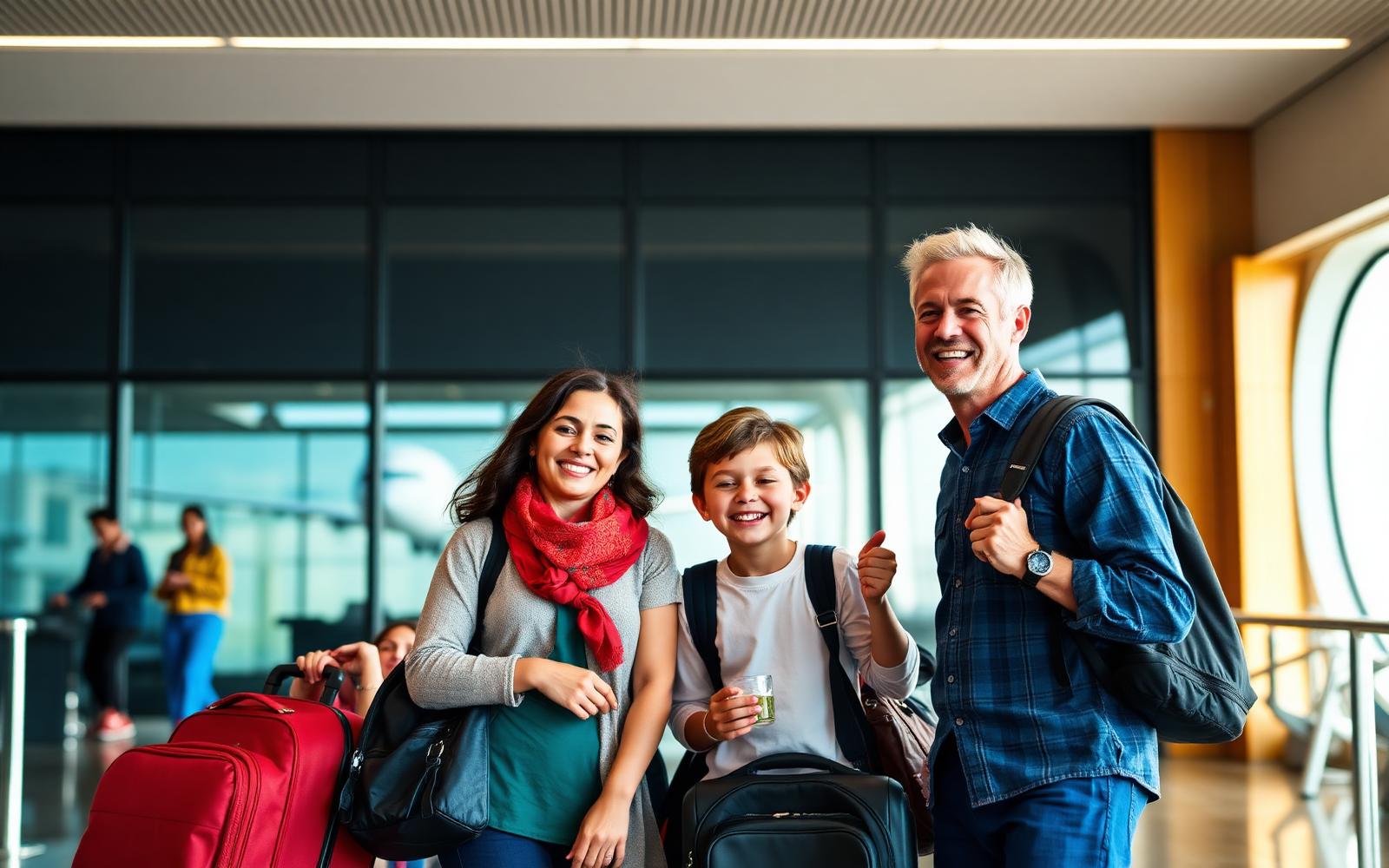 Família feliz no aeroporto pronta para viajar